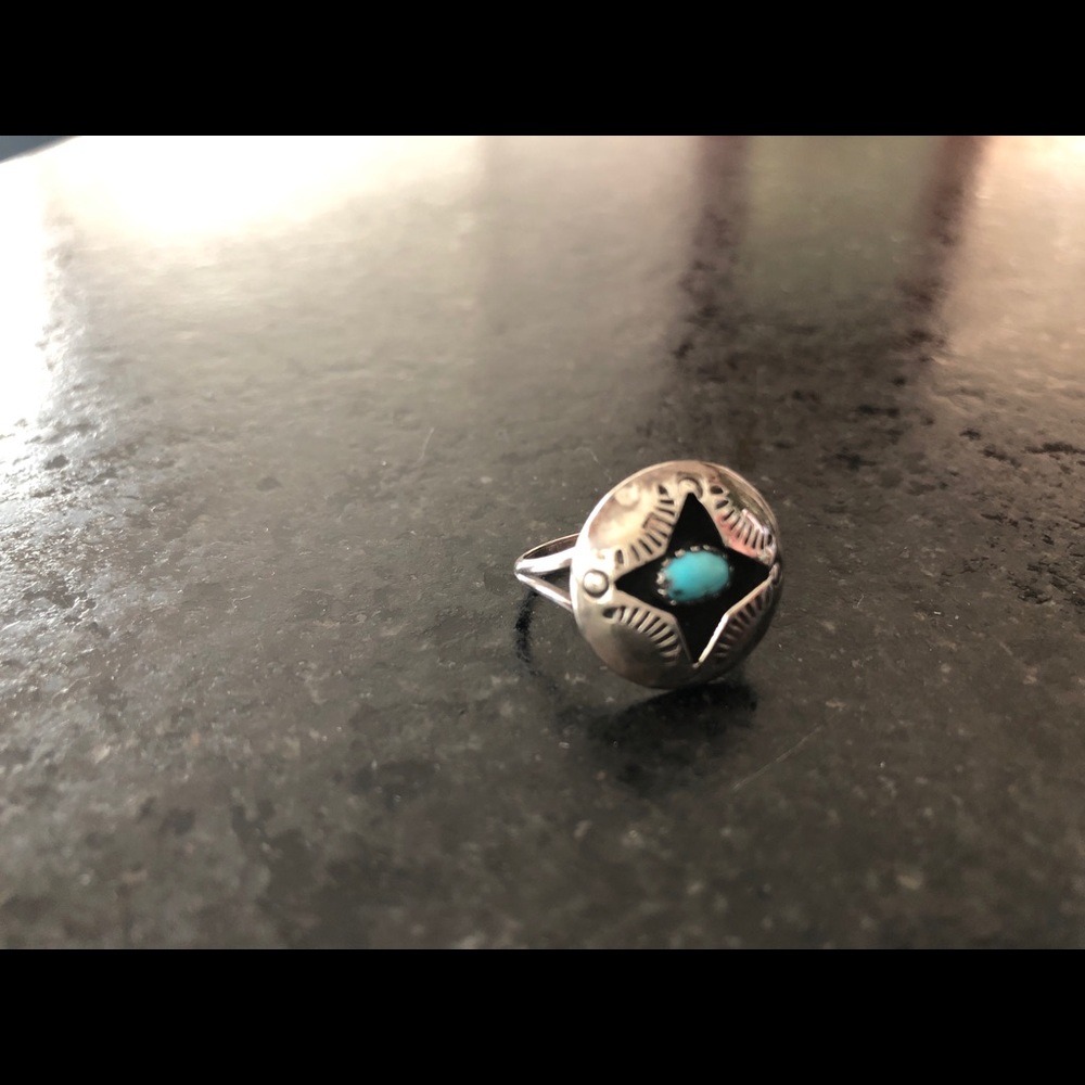 1970s Shadowbox Turquoise Sterling Silver Ring.